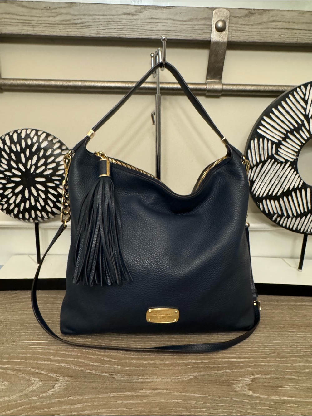 Michael Kors Navy Leather Tassel Shoulder Hobo